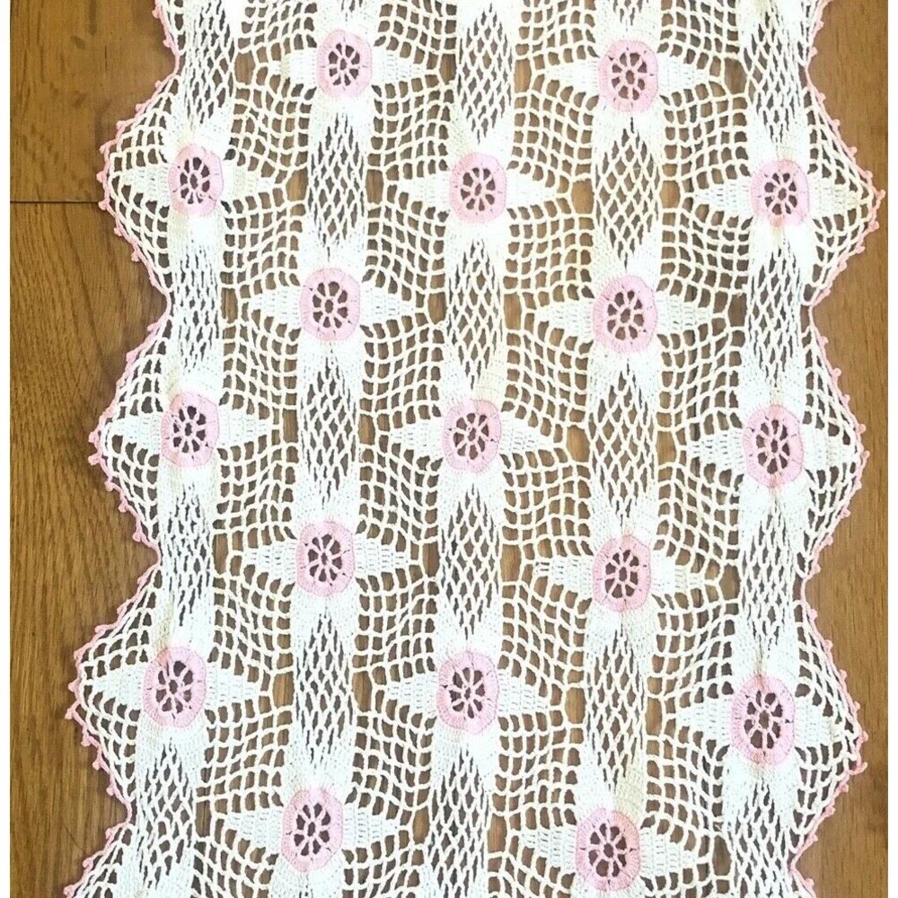 2 Hand Crochet Table Runners Dresser Scarf Pink White Star Handmade Vtg